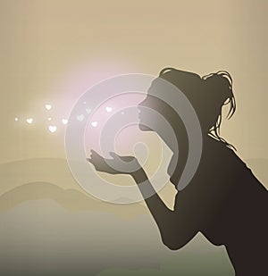 Pretty girl sending air kiss .Women vector silhouette.