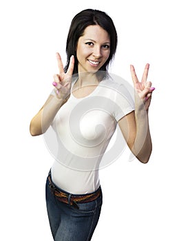 Pretty girl showing victory sign