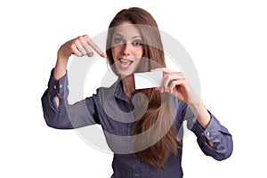 Pretty girl shows a business card