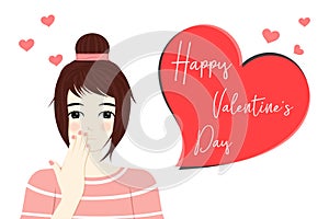 Pretty girl shy said love in valentine`s day , cute character and heart banner with copy space isolated on white background ,