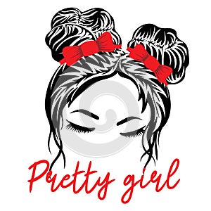 Pretty girl. Silhouette of a girl face with messy hair in a bun and long eyelashes