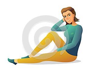 Pretty girl sitting on floor. Beautiful modern Young woman in sweater and pants. Cartoon funny style illustration. Funny