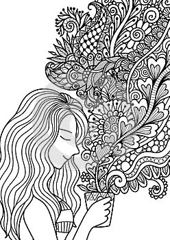 Pretty girl smell the floral coffee smoke for design element and adult or kids coloring book pages. Vector illustration.