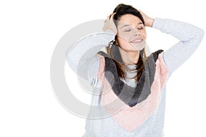 Pretty girl with strong headache on white background