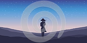 Pretty girl with summer hat silhouette on starry sky background