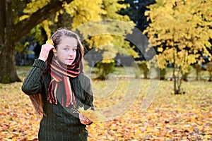pretty girl in sweater and scarf holds bouquet of yellow maple leaves. One leaf in hair. Teenage girl walks in autumn park