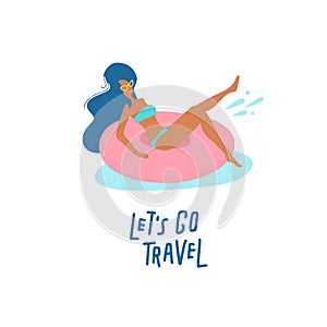Pretty girl on swimming ring. Women relaxing in a pool or sea with resting on inflatable pink donut mattress. Let`s go travel
