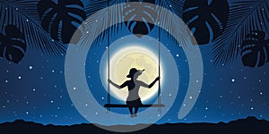 Pretty girl on a swing at night background with full moon and palm tree leaves