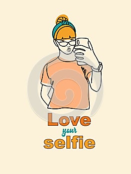 Pretty girl taking selfies, photography vector illustration