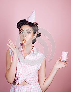 Pretty girl in vintage style. pin up woman with trendy makeup. pinup girl with fashion hair. happy birthday. Party photo