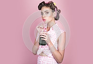 Pretty girl in vintage style. pinup girl with fashion hair. perfect housewife. pin up woman with trendy makeup. retro