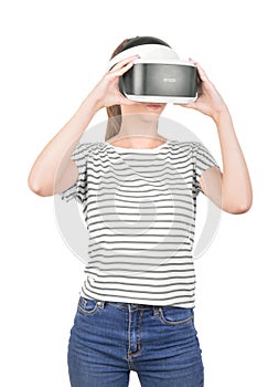 A pretty girl in VR headset isolated on a white background. Innovative technologies. A female gamer in a virtual reality glasses.