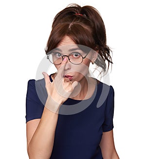 Pretty girl wearing spectacles. Surprised girl isolated