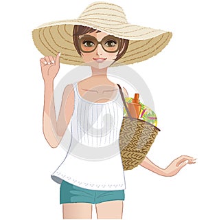 Pretty girl wearing a wide brimmed straw hat.
