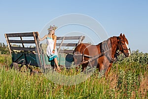 Pretty girl with wildflowers on the horse carriage in summer day