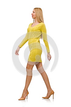 Pretty girl in yellow dress isolated on white