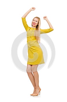 Pretty girl in yellow dress isolated on white