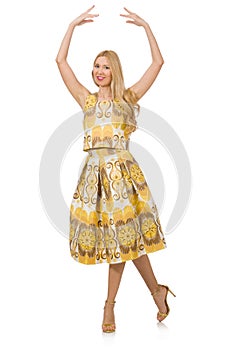 Pretty girl in yellow floral dress isolated on