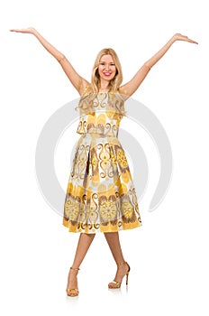 Pretty girl in yellow floral dress isolated on