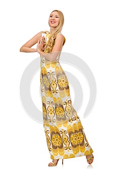 Pretty girl in yellow floral dress isolated on