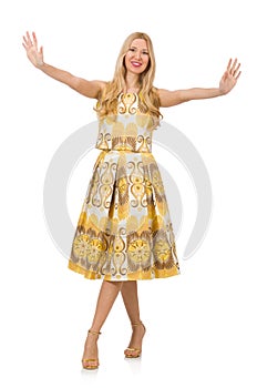 Pretty girl in yellow floral dress isolated on