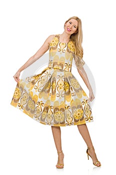 Pretty girl in yellow floral dress isolated on