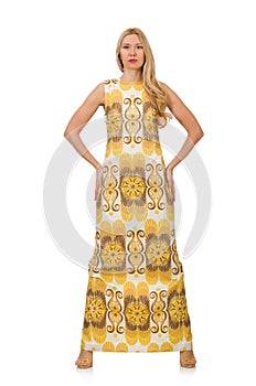 Pretty girl in yellow floral dress isolated on