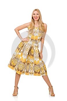 Pretty girl in yellow floral dress isolated on