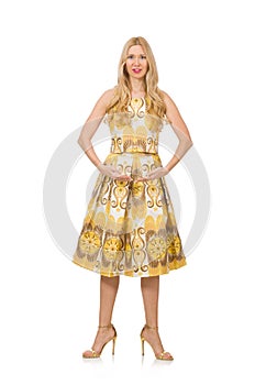 Pretty girl in yellow floral dress isolated on