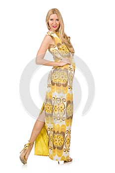 Pretty girl in yellow floral dress isolated on