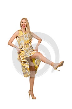 Pretty girl in yellow floral dress isolated on