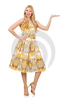 Pretty girl in yellow floral dress isolated on