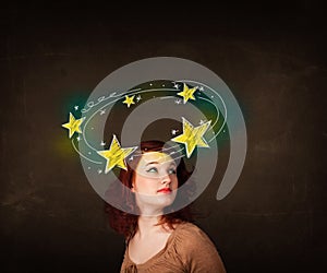 Pretty girl with yellow stars circleing around her head illustration