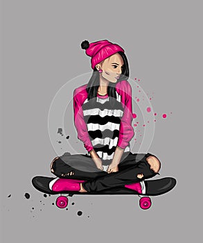 Pretty girls in tops and shorts with skateboard. Vector illustration for a postcard or a poster. Bright, colorful drawing.