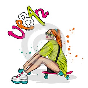 Pretty girls in tops and shorts with skateboard. Vector illustration for a postcard or a poster. Bright, colorful drawing.