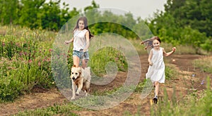 Pretty girls walking on summer meadow