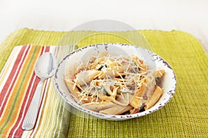 Pretty Gluten Free Dinner Recipe In White Rustick Bowl With Napkin and Spoon