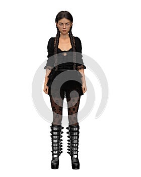 Pretty goth girl with braided brunette hair wearing black dress and knee high leather boots. Isolated 3D rendering