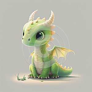 Pretty green dragon with big eyes, cartoon character.