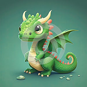 Pretty green dragon with big eyes, cartoon character.