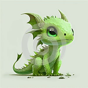 Pretty green dragon with blue eyes, cartoon character.