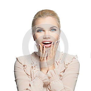 Pretty happy excited woman isolated on white background. Surprised girl with opened mouth, female face closeup