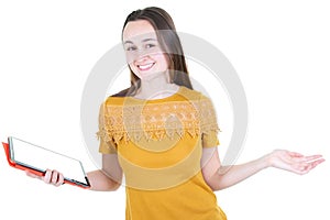 Pretty happy girl using tablet computer hand up in white background