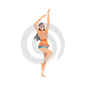 Pretty Hippie Woman Character, Brunette Girl with Long Hair Wearing Retro Style Clothing Happily Dancing at Disco Party