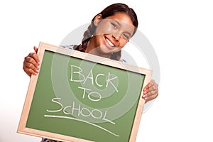 Pretty Hispanic Girl Holding Chalkboard with Back