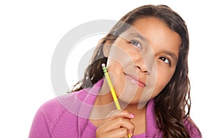 Pretty Hispanic Girl Thinking with Pencil