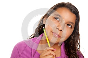 Pretty Hispanic Girl Thinking with Pencil