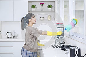 Pretty housewife is cleaning windows in kitchen