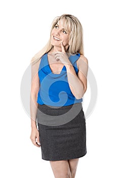 Pretty isolated businesswoman smiling and looking satisfied side