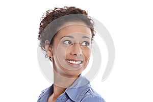 Pretty isolated smiling woman looking sideways to text. photo